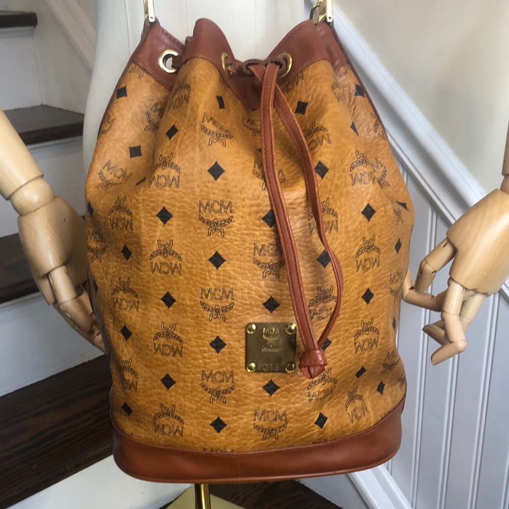 MCM Vicetos Cognac Leather Monogram Bucket Tote Crossbody Shoulder Bag Mint